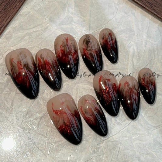 Black Bloody Flame water blooming Press on Nails, shimmering cat eye nail,ombre hand painted nail, fall winter nail,gift for her,MO687