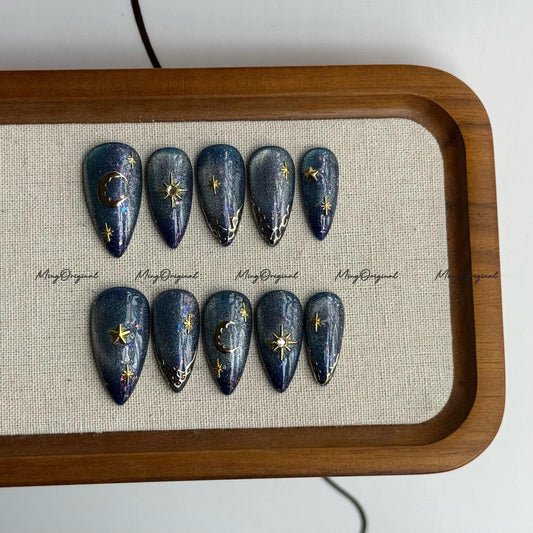 Celestial Press On Nails  Galaxy Nail Art  Star Moon Glitter False Nails  Cosmic Ombre Nail Set  Handmade Fashion Nails, MO701