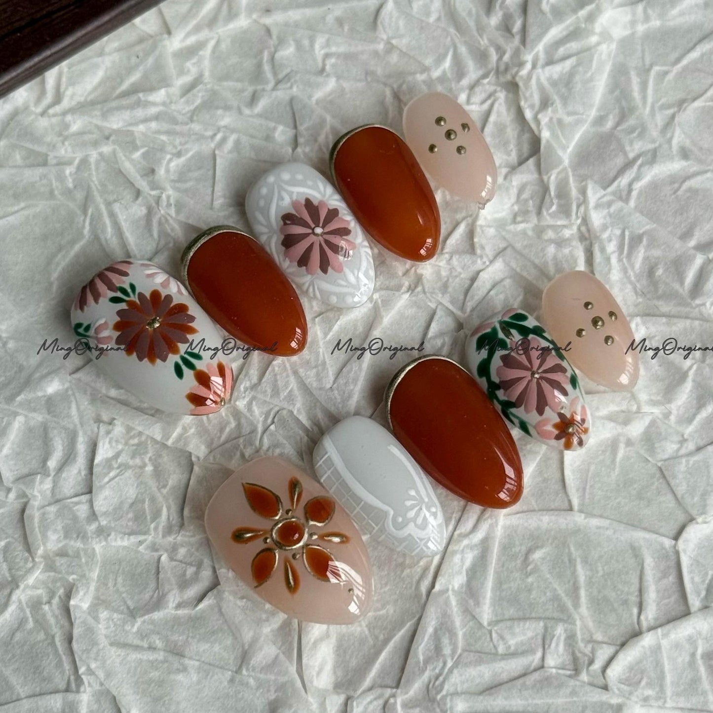 Boho Autumn Bloom Press on Nails, Hand painted floral nails, burnt orange and nude mix, fall inspired press on nails, cozy flower, MO688