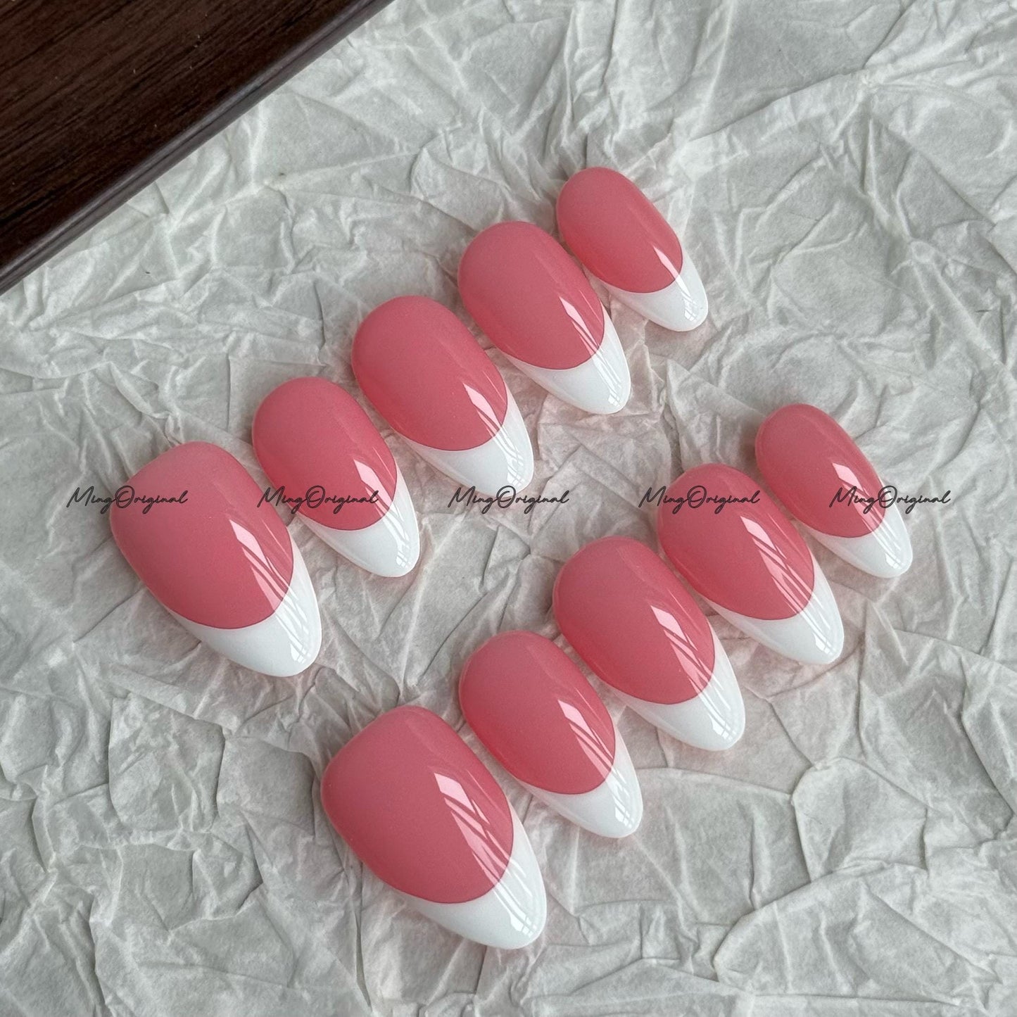 Classic white french tip natural press on nail, French Collection, Fake nails, Handmade jelly nail, nude and soft pastel pink color, MO702