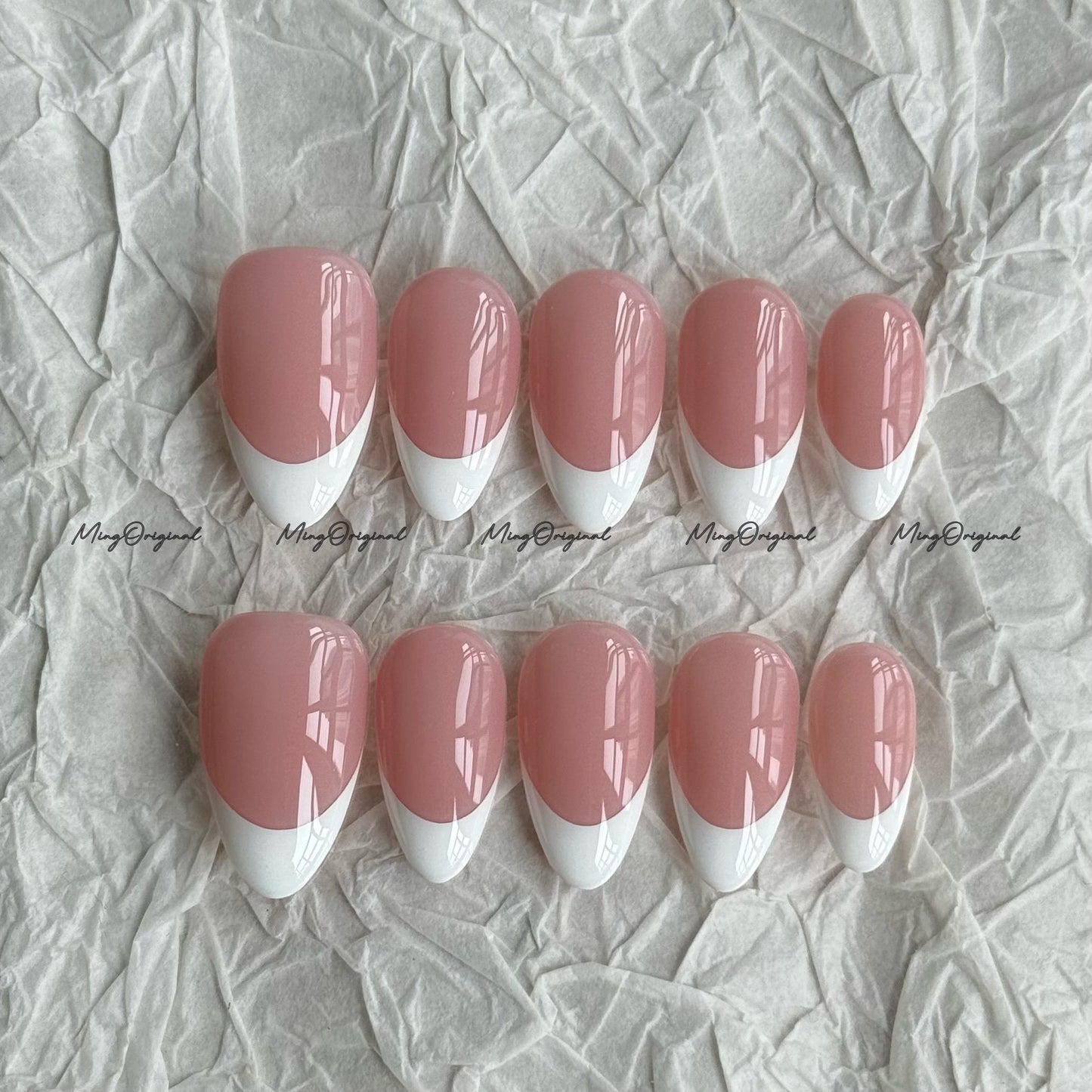 Classic white french tip natural press on nail, French Collection, Fake nails, Handmade jelly nail, nude and soft pastel pink color, MO702