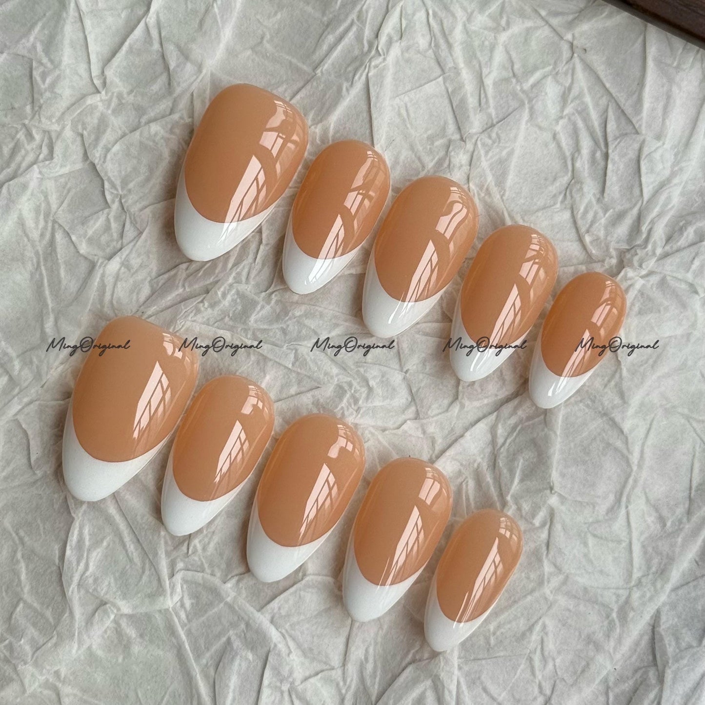 Classic white french tip natural press on nail, French Collection, Fake nails, Handmade jelly nail, nude and soft pastel pink color, MO702