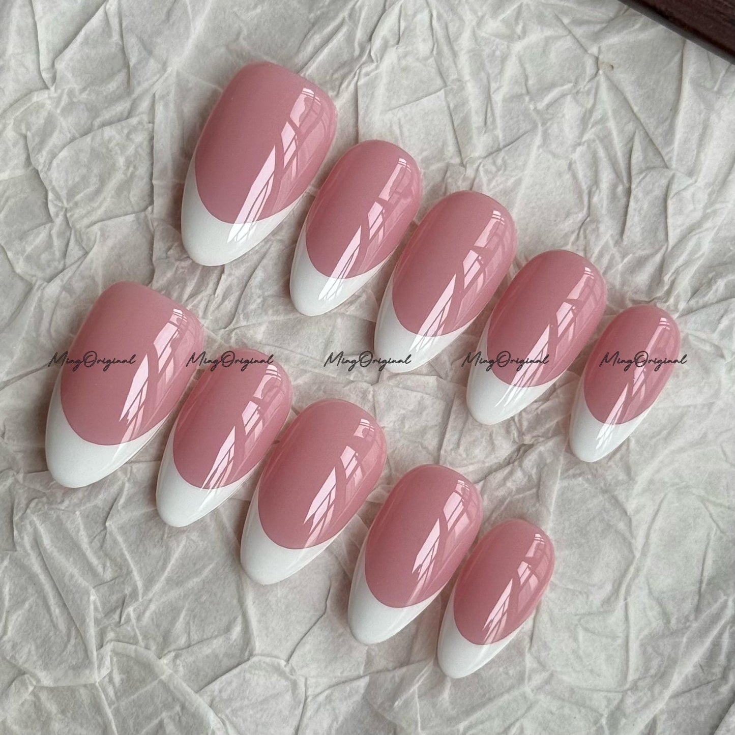 Classic white french tip natural press on nail, French Collection, Fake nails, Handmade jelly nail, nude and soft pastel pink color, MO702