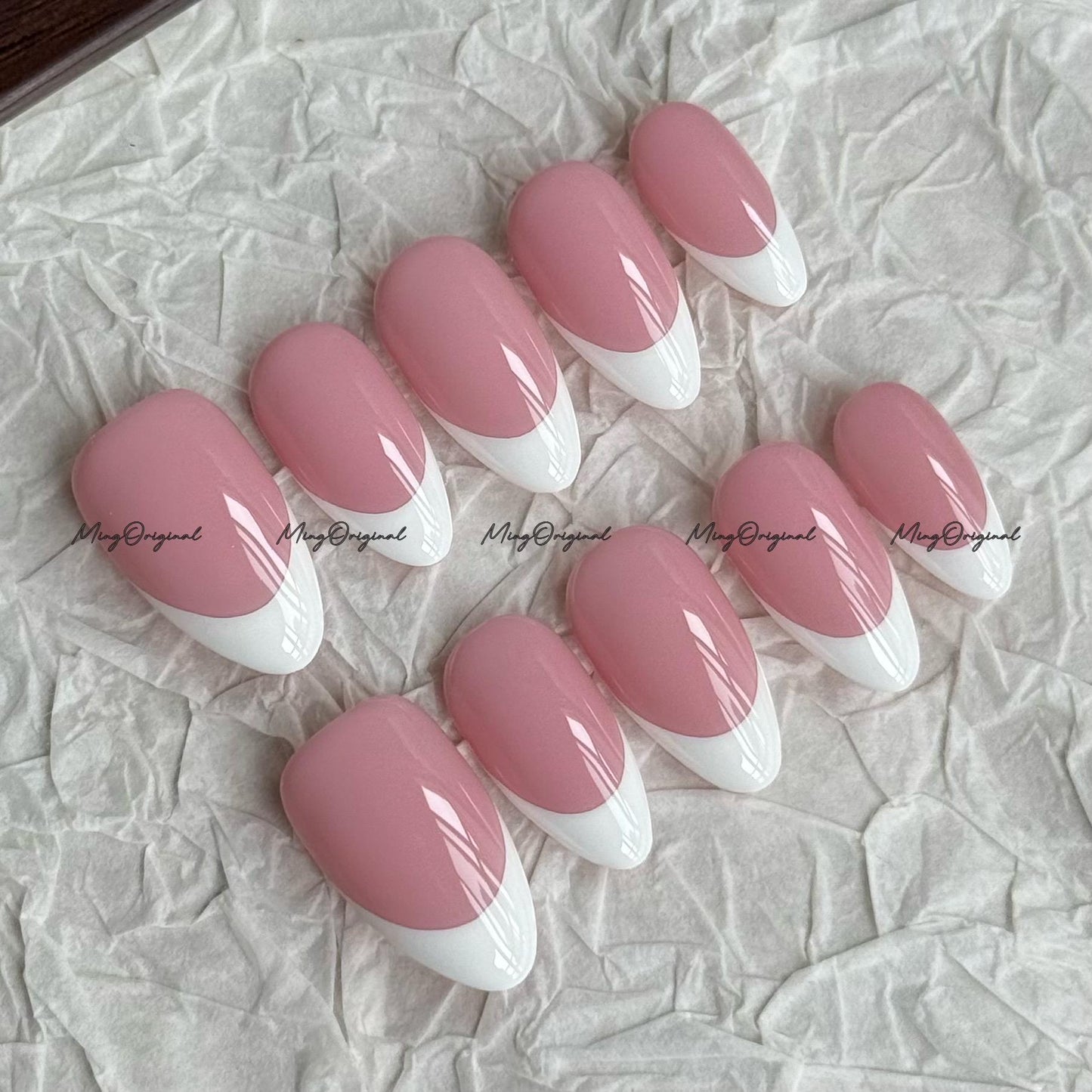 Classic white french tip natural press on nail, French Collection, Fake nails, Handmade jelly nail, nude and soft pastel pink color, MO702