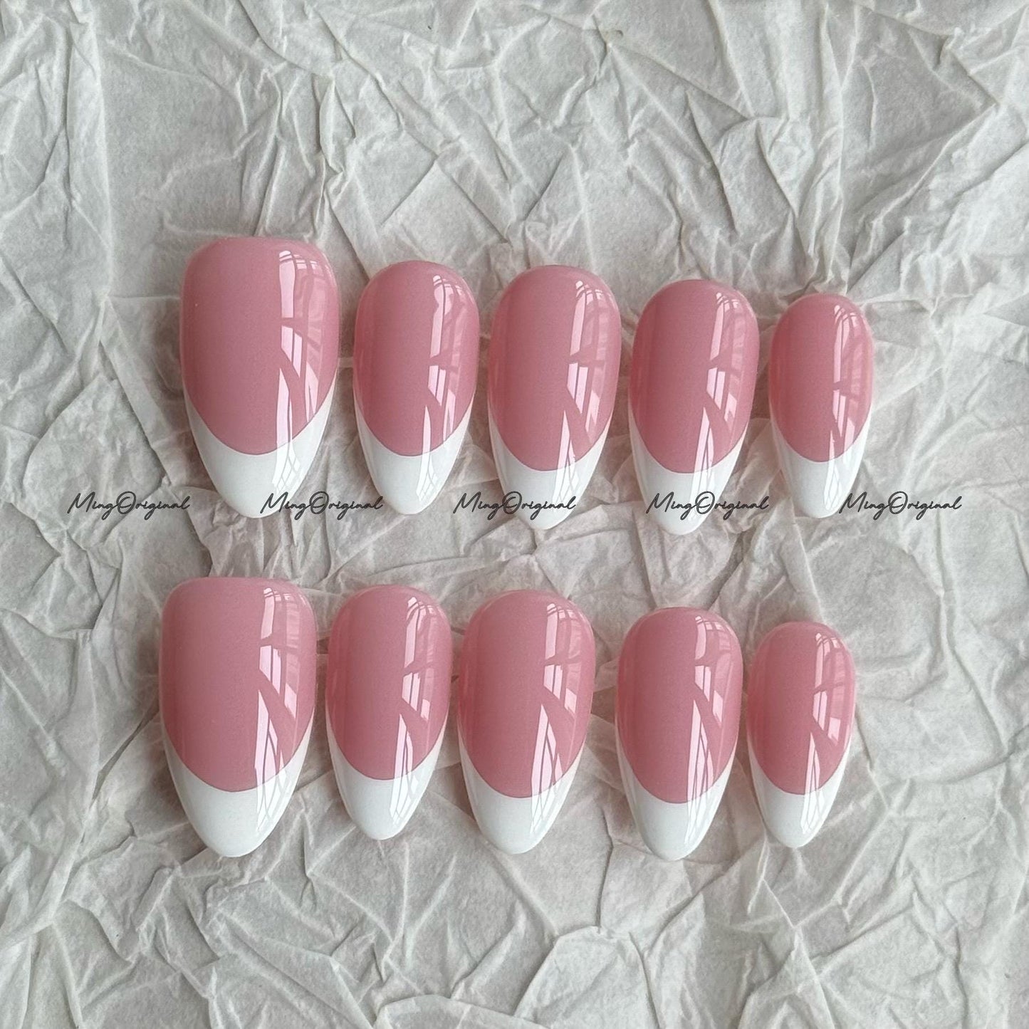 Classic white french tip natural press on nail, French Collection, Fake nails, Handmade jelly nail, nude and soft pastel pink color, MO702