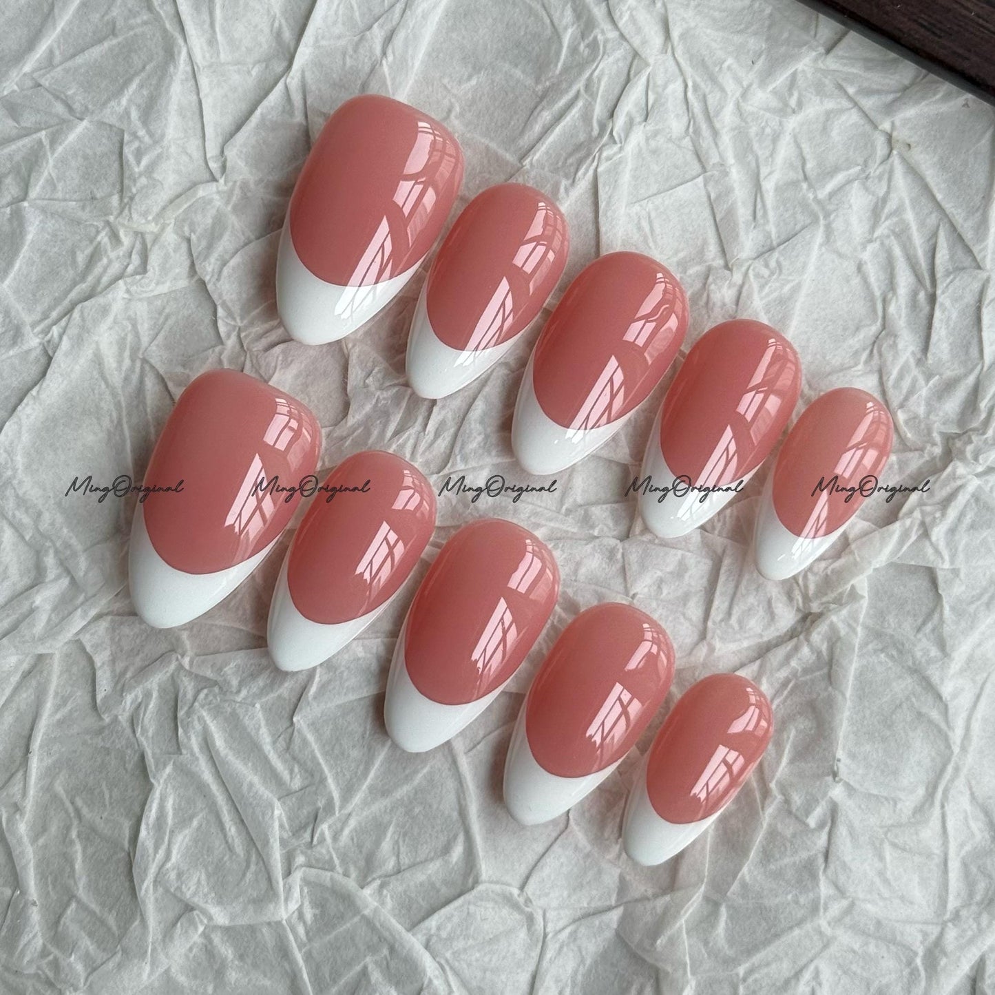 Classic white french tip natural press on nail, French Collection, Fake nails, Handmade jelly nail, nude and soft pastel pink color, MO702