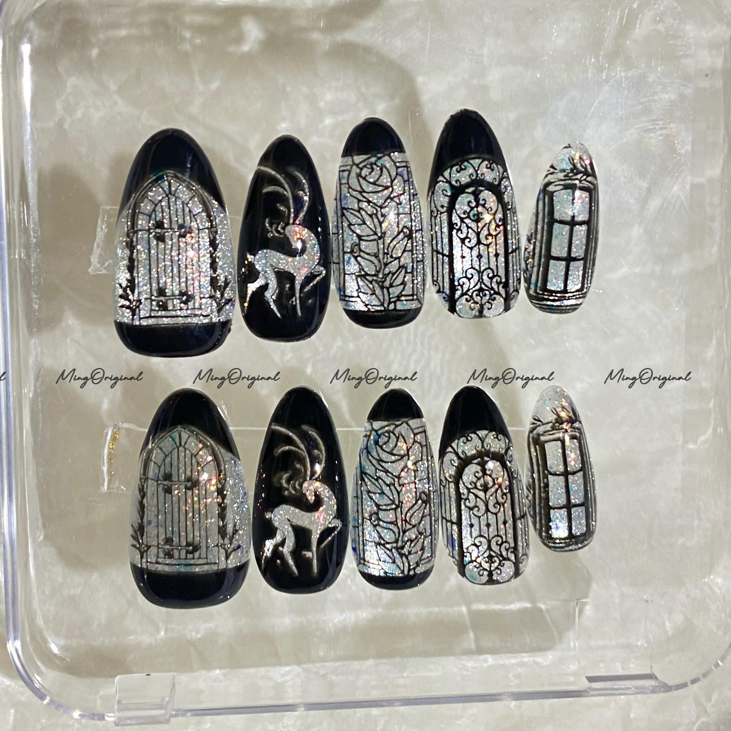 Christmas Black Stained Glass Window Glittery press on nails, Sparkling Cat Eye, Retro Shadow Deer hand painted nail, gift for her, MO703