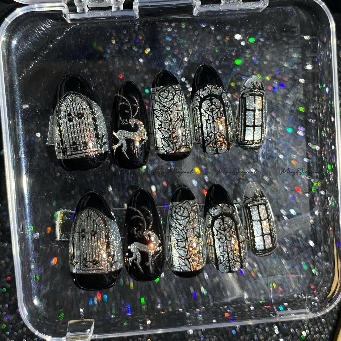 Christmas Black Stained Glass Window Glittery press on nails, Sparkling Cat Eye, Retro Shadow Deer hand painted nail, gift for her, MO703