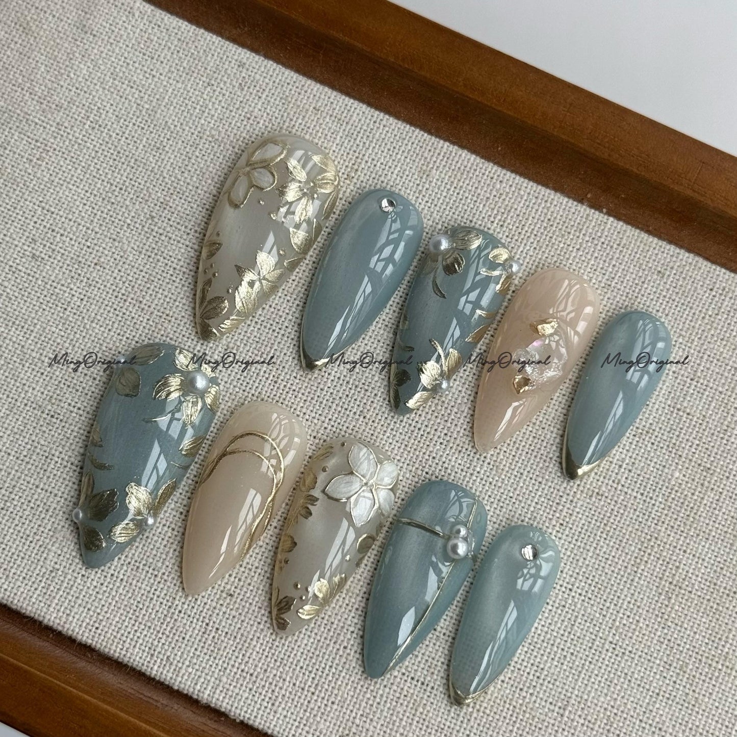 Floral Press On Nails, Blue Cat Eye, Gold Flower and Pearl Nail Art, Taupe and Sage Nail Set, Elegant Handmade Nails, Reusable Nail, MO705