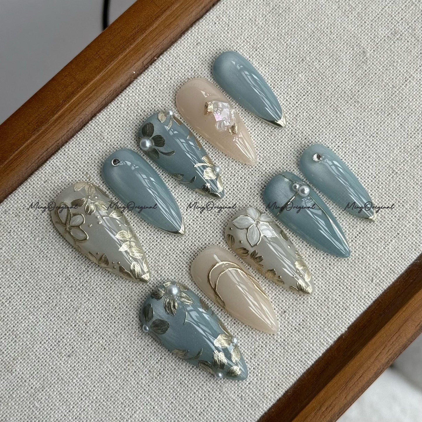 Floral Press On Nails, Blue Cat Eye, Gold Flower and Pearl Nail Art, Taupe and Sage Nail Set, Elegant Handmade Nails, Reusable Nail, MO705