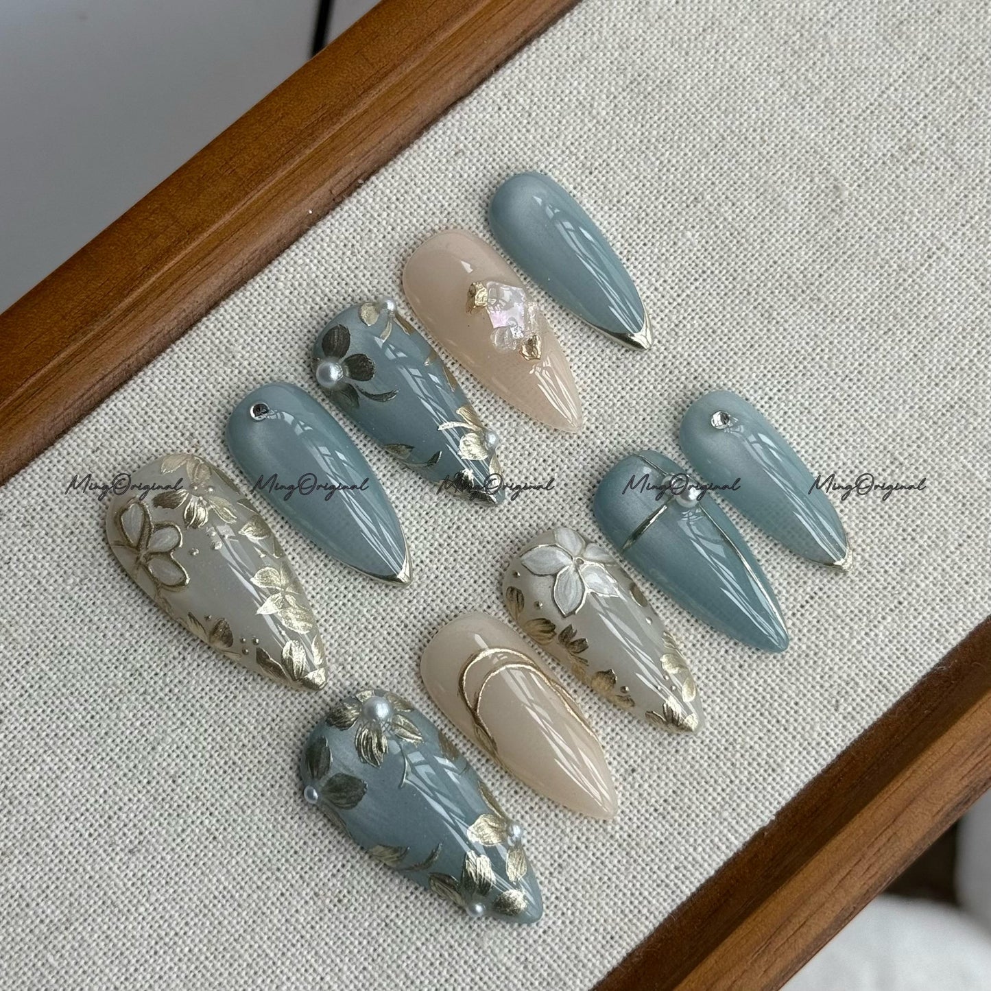 Floral Press On Nails, Blue Cat Eye, Gold Flower and Pearl Nail Art, Taupe and Sage Nail Set, Elegant Handmade Nails, Reusable Nail, MO705