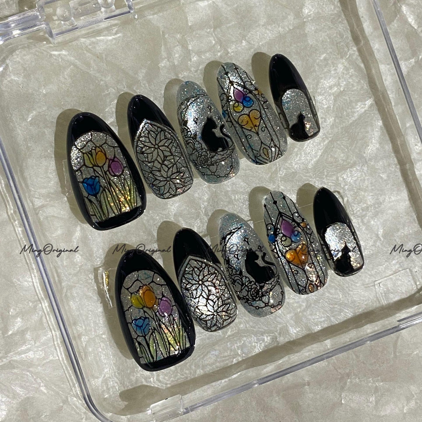 Christmas Black Stained Glass Window Glittery press on nails, Sparkling Cat Eye, Retro Shadow Cat and Tulips hand painted nail, MO706
