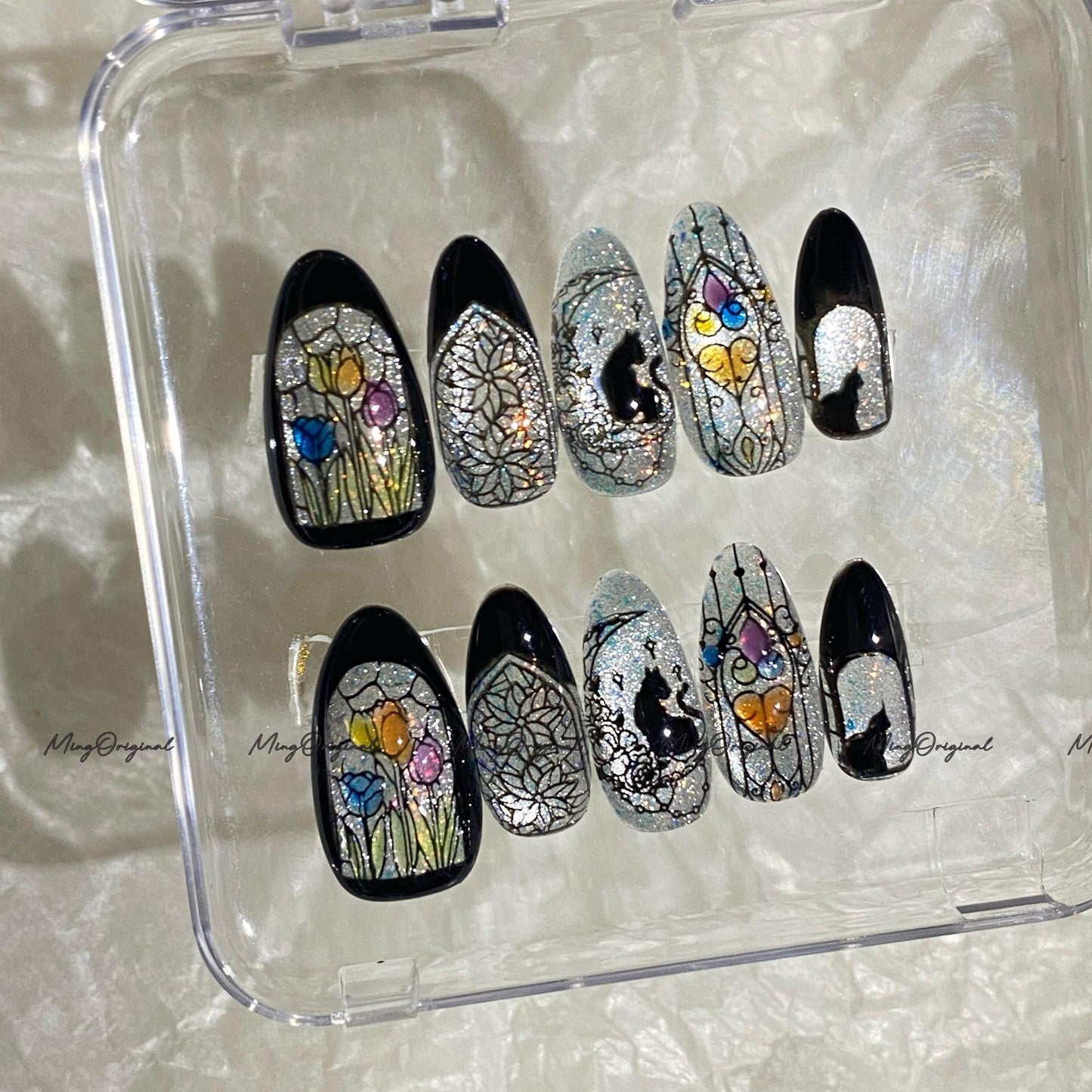 Christmas Black Stained Glass Window Glittery press on nails, Sparkling Cat Eye, Retro Shadow Cat and Tulips hand painted nail, MO706