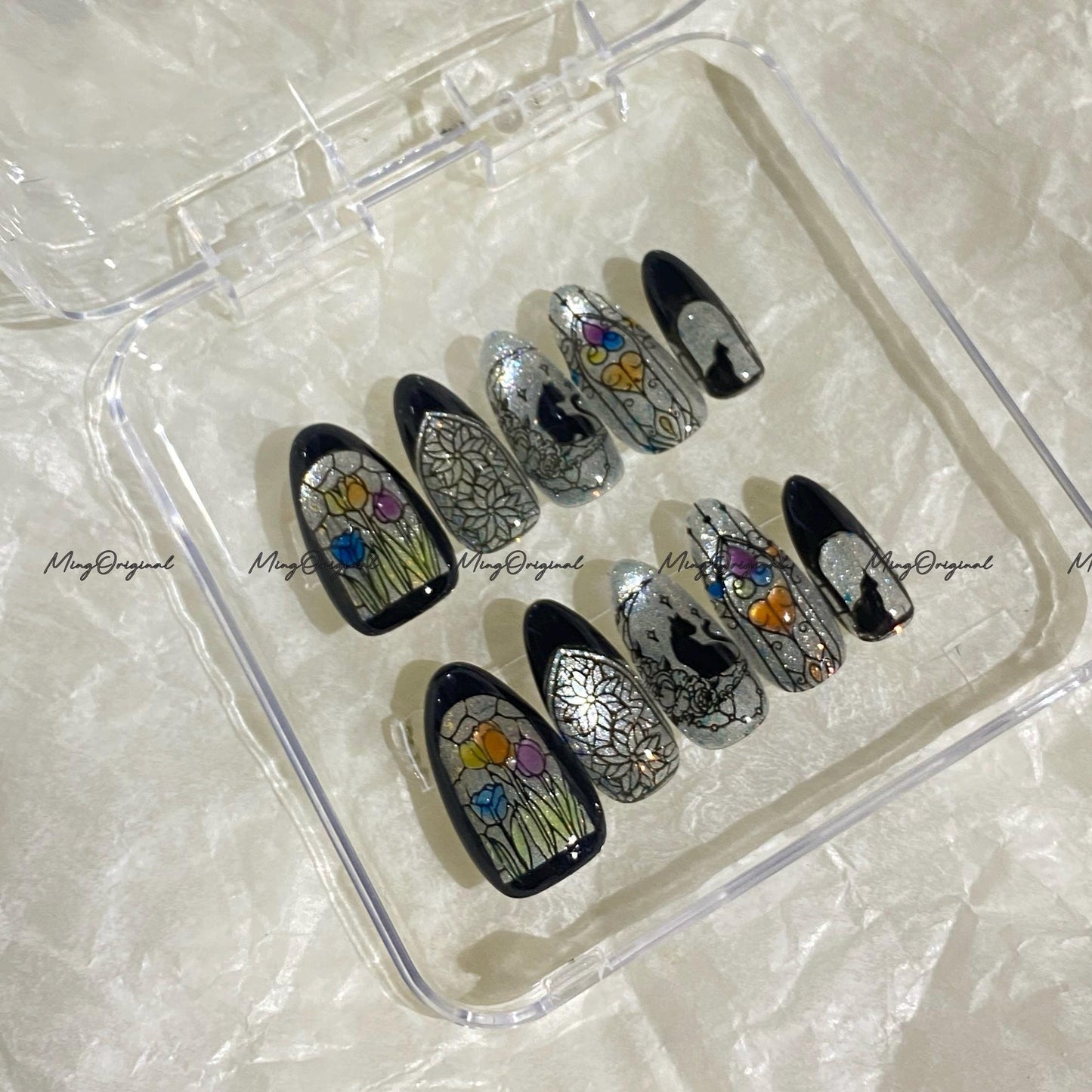 Christmas Black Stained Glass Window Glittery press on nails, Sparkling Cat Eye, Retro Shadow Cat and Tulips hand painted nail, MO706