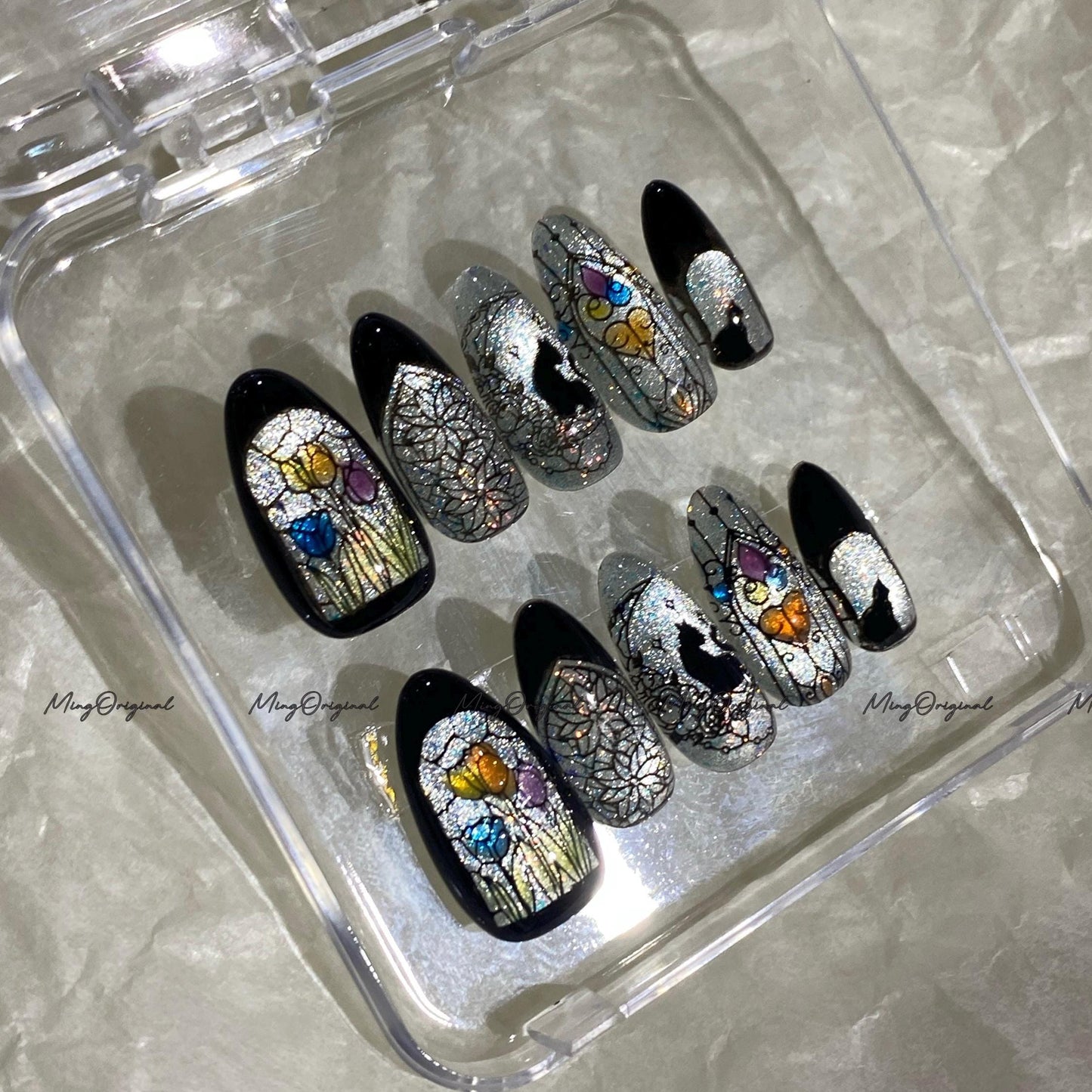 Christmas Black Stained Glass Window Glittery press on nails, Sparkling Cat Eye, Retro Shadow Cat and Tulips hand painted nail, MO706