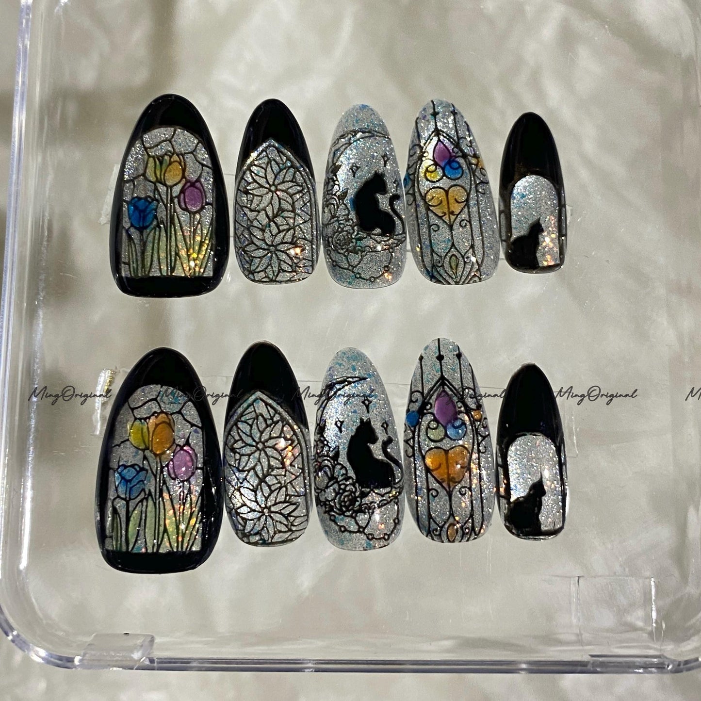 Christmas Black Stained Glass Window Glittery press on nails, Sparkling Cat Eye, Retro Shadow Cat and Tulips hand painted nail, MO706