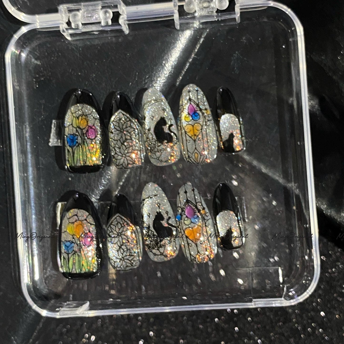 Christmas Black Stained Glass Window Glittery press on nails, Sparkling Cat Eye, Retro Shadow Cat and Tulips hand painted nail, MO706