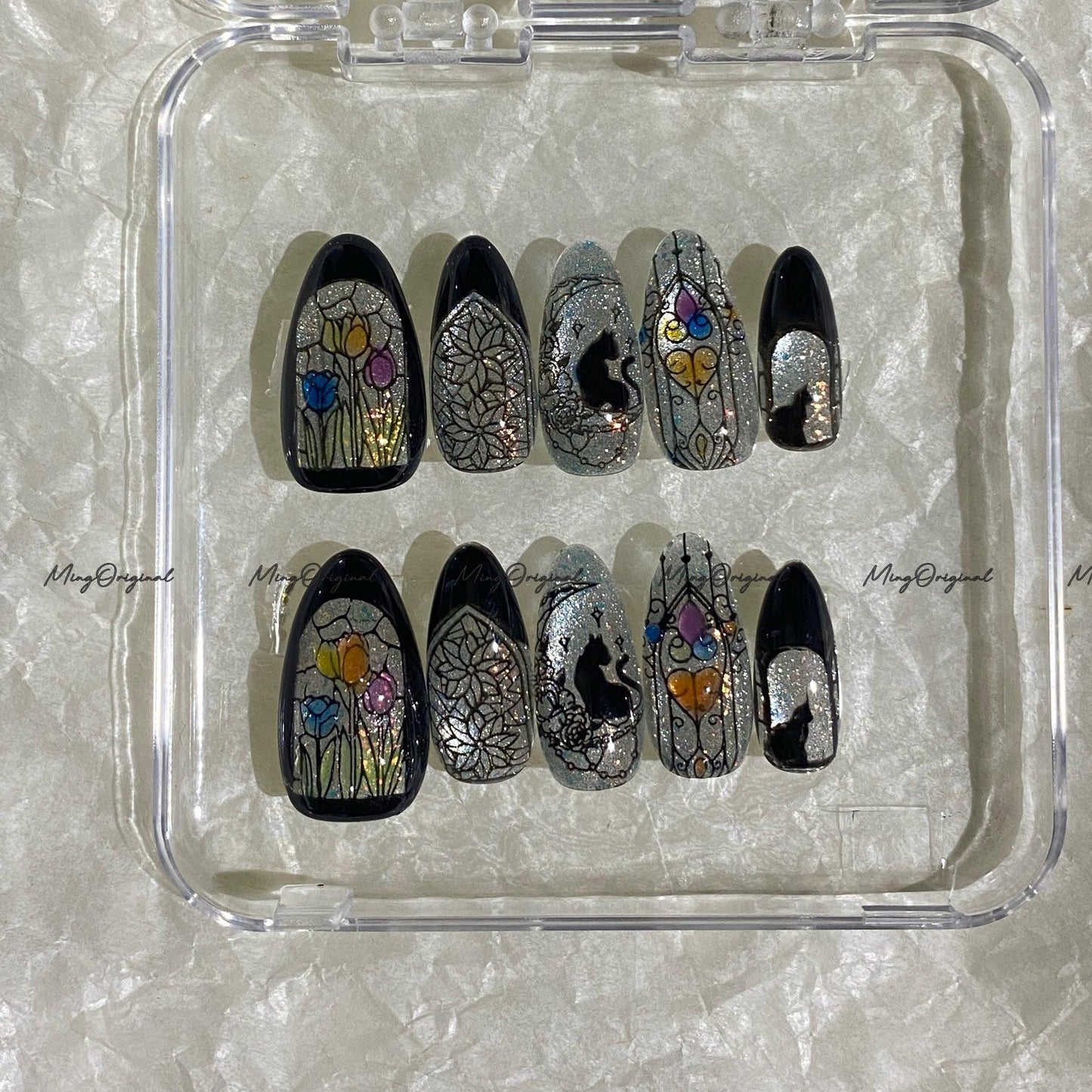 Christmas Black Stained Glass Window Glittery press on nails, Sparkling Cat Eye, Retro Shadow Cat and Tulips hand painted nail, MO706