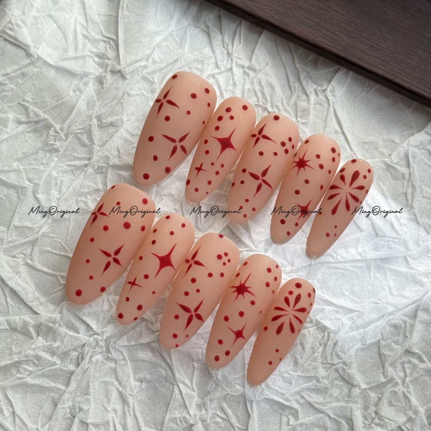 Red Starry Nails | Matte Nude Base, Red Starburst, Polka Dot Accents, Handpainted Press-On Set, MO690