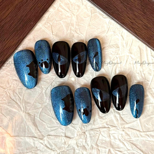 Shadow Eclipse | Black Cat Eye Nails, Deep Blue Magnetic Glow, Abstract Half Moon Design, Handcrafted Press-On Set,MO691