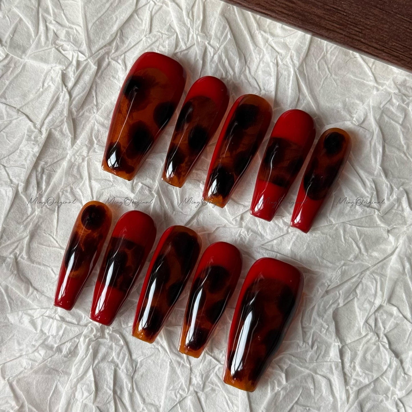 Tortoise Shell Amber water blooming Press on Nails, Blue Abstract handmade Nails, Jelly hand painted nail, fall winter nail