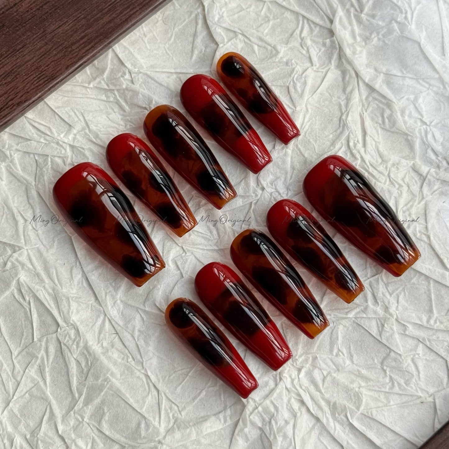 Tortoise Shell Amber water blooming Press on Nails, Blue Abstract handmade Nails, Jelly hand painted nail, fall winter nail