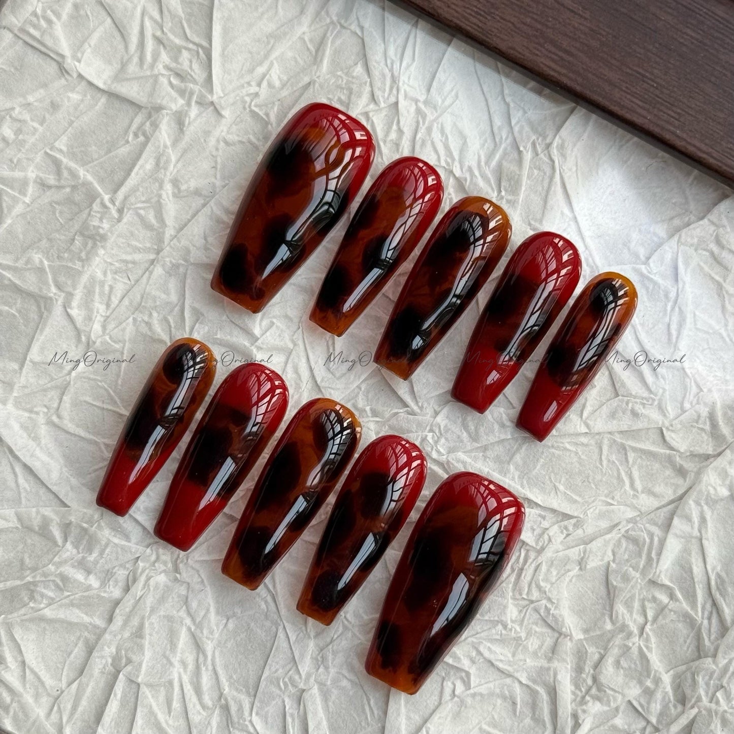 Tortoise Shell Amber water blooming Press on Nails, Blue Abstract handmade Nails, Jelly hand painted nail, fall winter nail