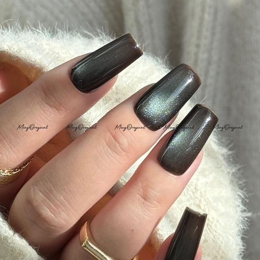 Chocolate Mint Cat Eye Press on Nails, chocolate brown nails, reuse nails, jelly fake nail, glitter shine gel nail, autumn fall nail,MO710