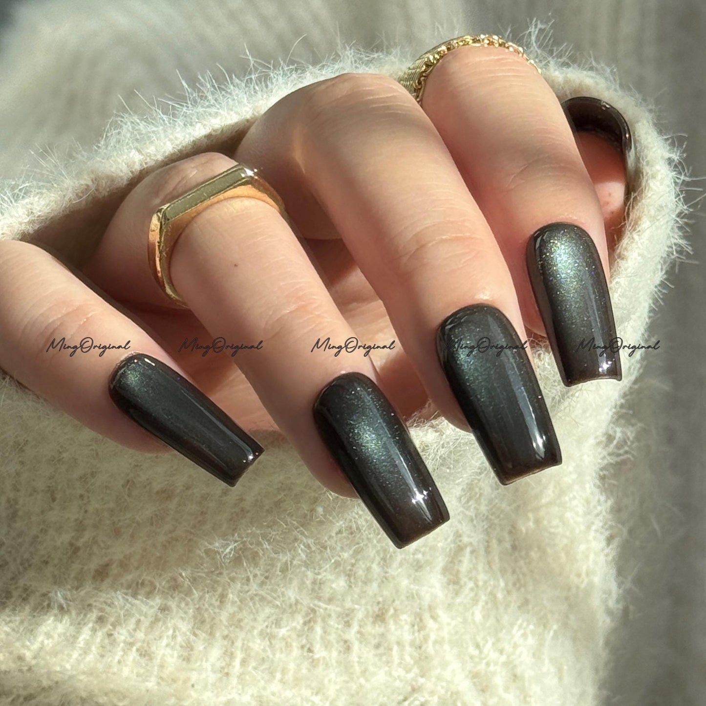 Chocolate Mint Cat Eye Press on Nails, chocolate brown nails, reuse nails, jelly fake nail, glitter shine gel nail, autumn fall nail,MO710
