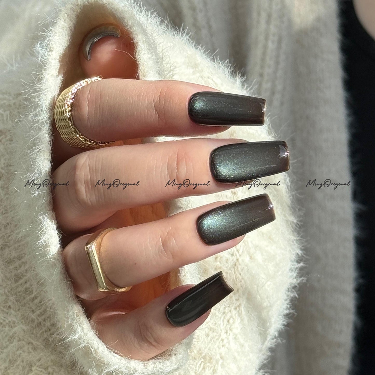 Chocolate Mint Cat Eye Press on Nails, chocolate brown nails, reuse nails, jelly fake nail, glitter shine gel nail, autumn fall nail,MO710