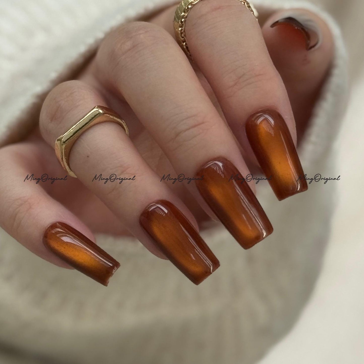 Da Amber Press On Nails, Amber cat eye nail, brown nails, reuse nails, jelly fake nail, glitter shine gel nail, MO711