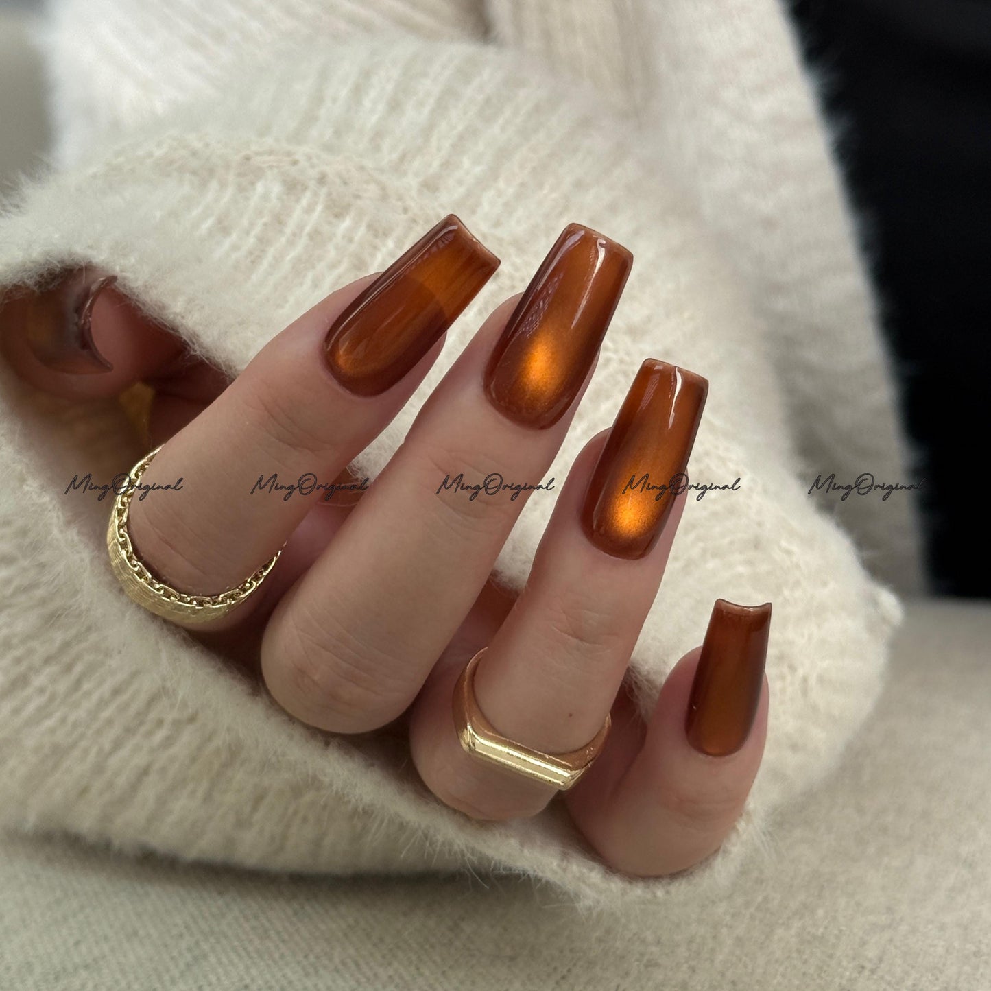 Da Amber Press On Nails, Amber cat eye nail, brown nails, reuse nails, jelly fake nail, glitter shine gel nail, MO711