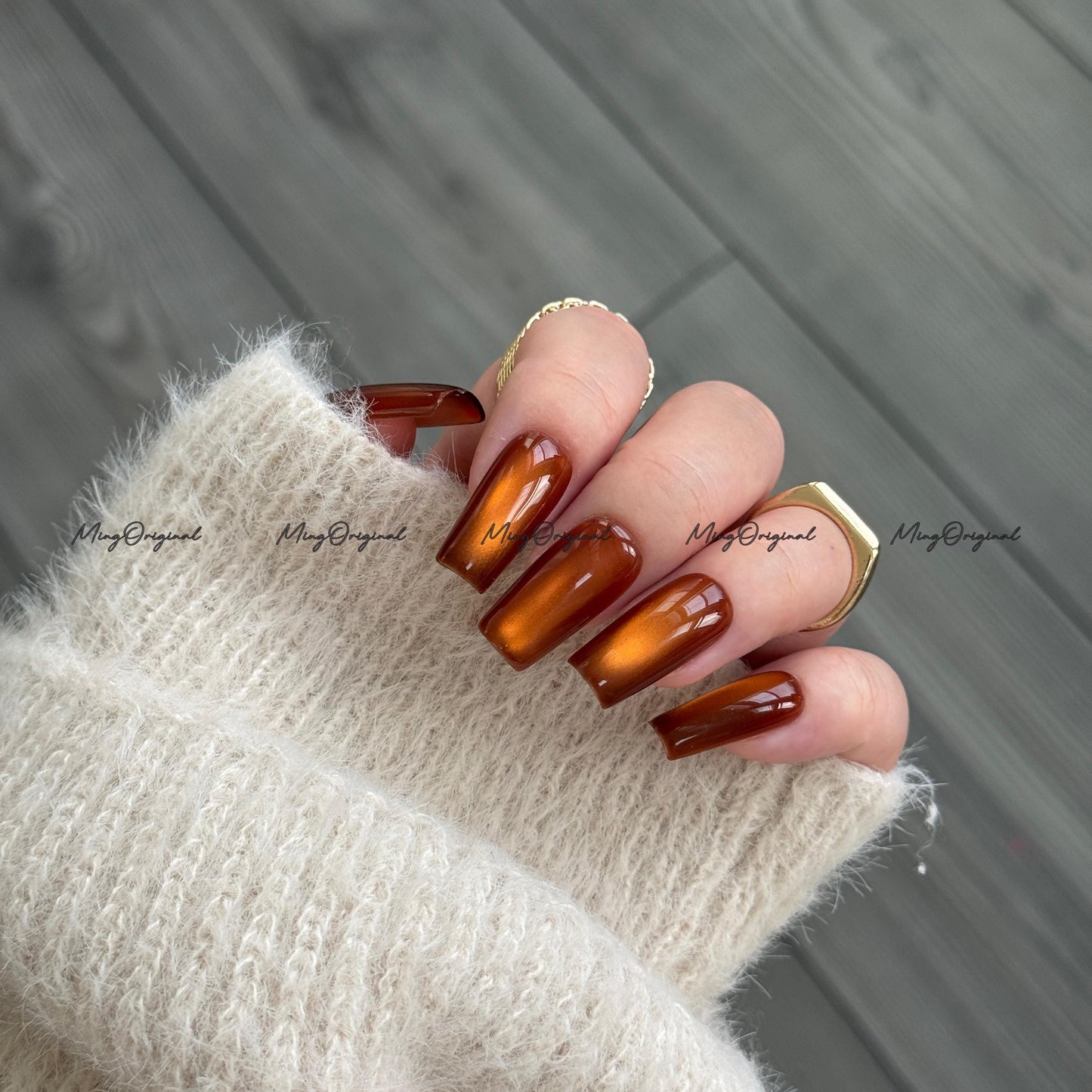 Da Amber Press On Nails, Amber cat eye nail, brown nails, reuse nails, jelly fake nail, glitter shine gel nail, MO711