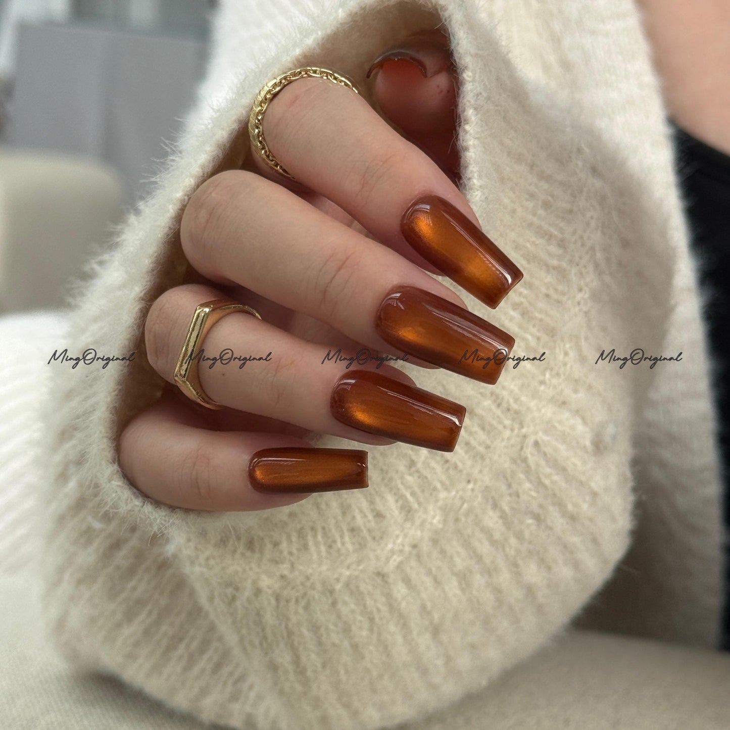 Da Amber Press On Nails, Amber cat eye nail, brown nails, reuse nails, jelly fake nail, glitter shine gel nail, MO711