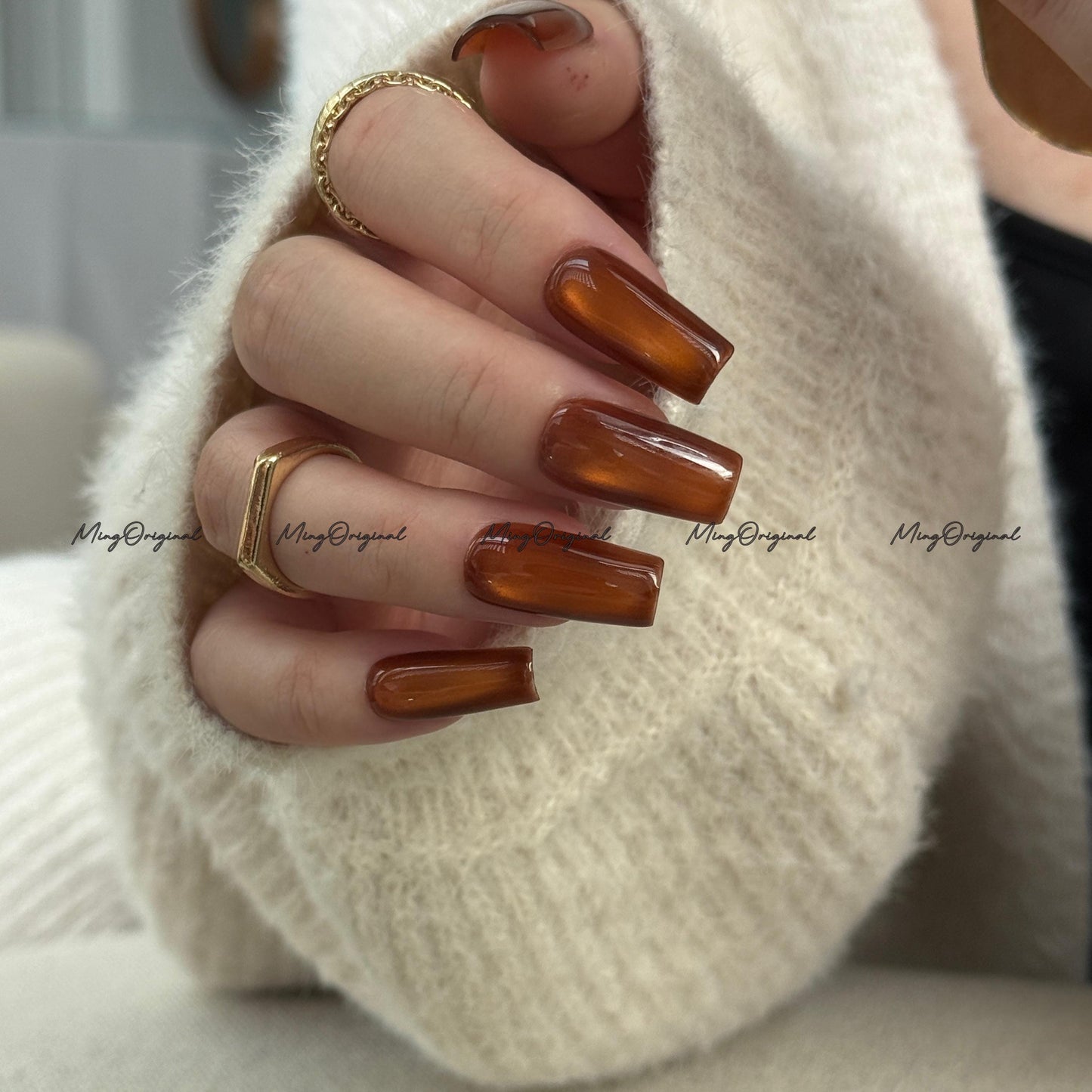 Da Amber Press On Nails, Amber cat eye nail, brown nails, reuse nails, jelly fake nail, glitter shine gel nail, MO711
