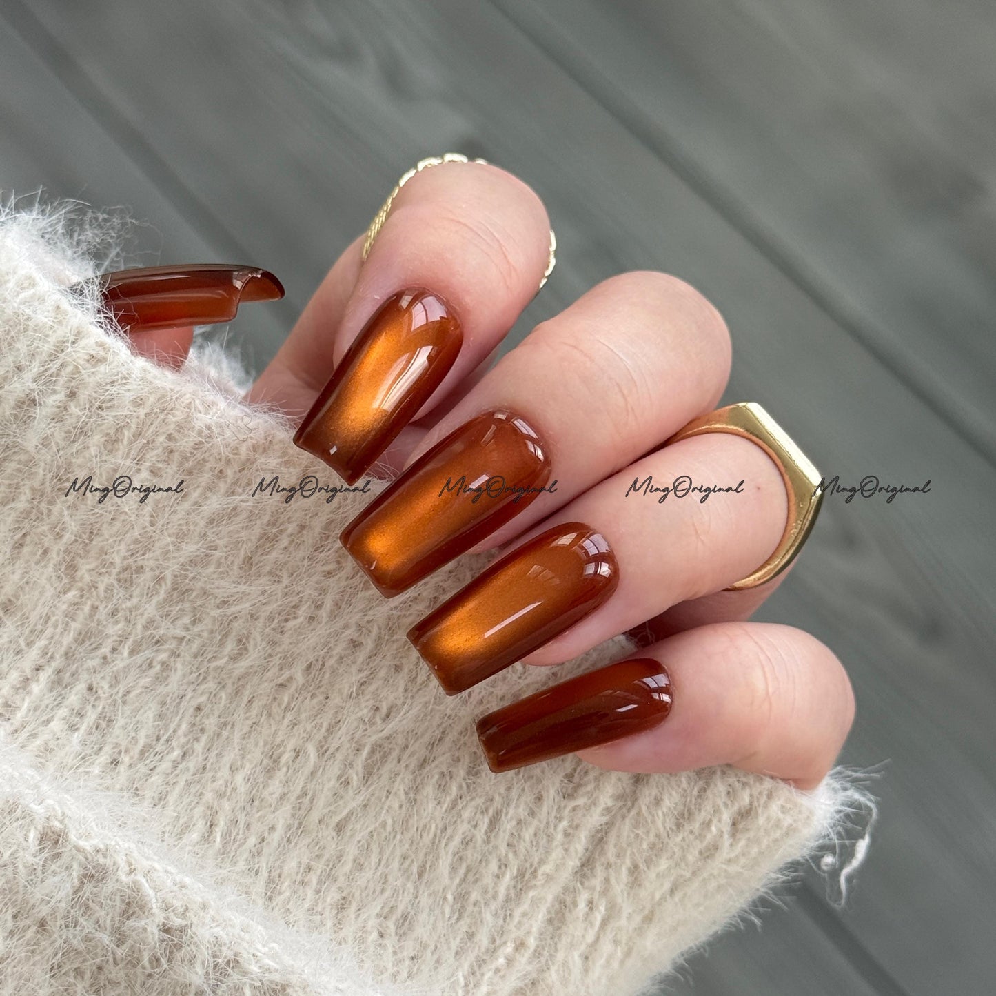 Da Amber Press On Nails, Amber cat eye nail, brown nails, reuse nails, jelly fake nail, glitter shine gel nail, MO711
