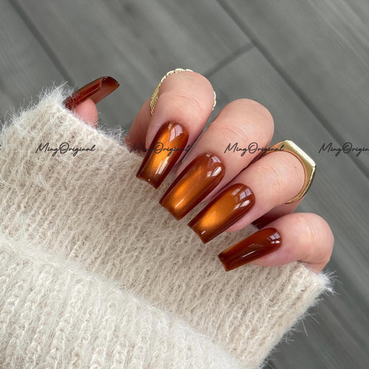 Da Amber Press On Nails, Amber cat eye nail, brown nails, reuse nails, jelly fake nail, glitter shine gel nail, MO711