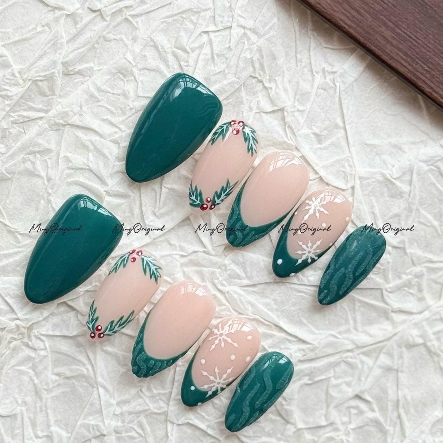 Christmas green sweater press on Nail, cherry tree and snowflake French tip nails, holly nail, Holiday Fake Nails, Gifts for Her, MO712