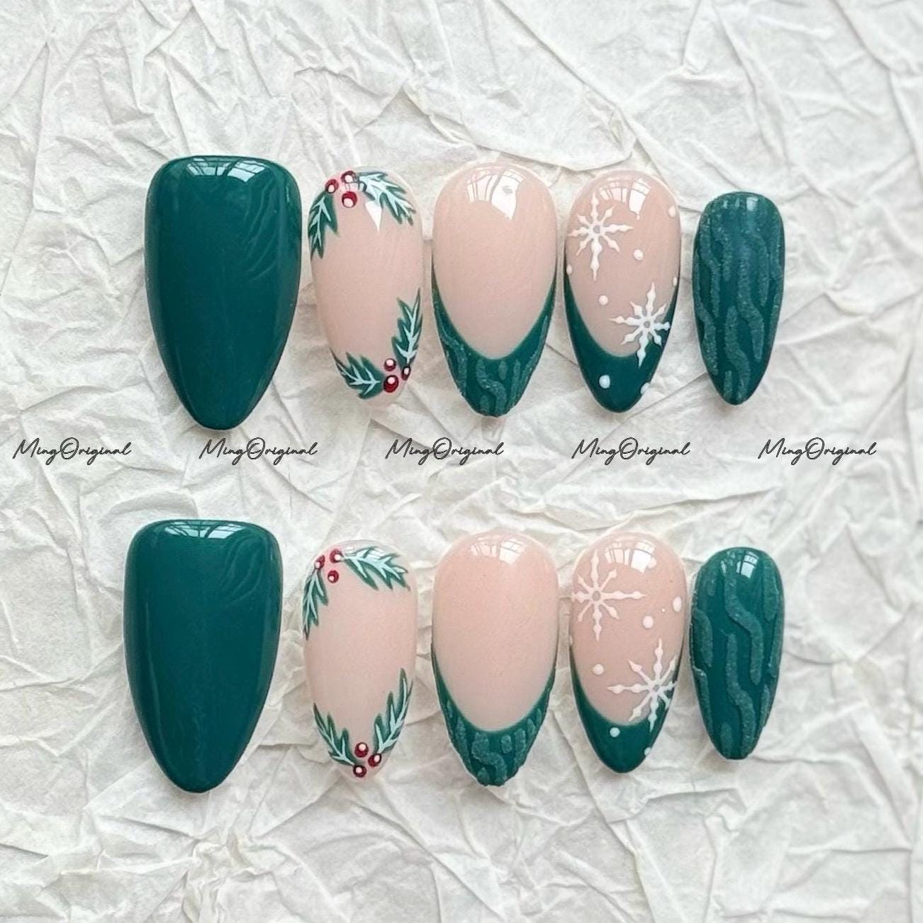 Christmas green sweater press on Nail, cherry tree and snowflake French tip nails, holly nail, Holiday Fake Nails, Gifts for Her, MO712