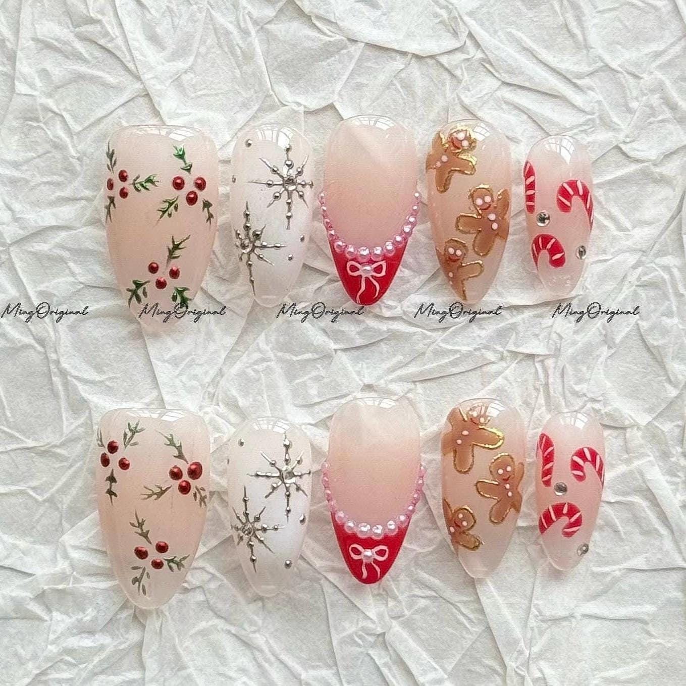 Christmas Holly Gingerbread man press on Nail, candy cane, snowflake and tree, glue on nail, Holiday Fake Nails, Gifts for Her, MO713
