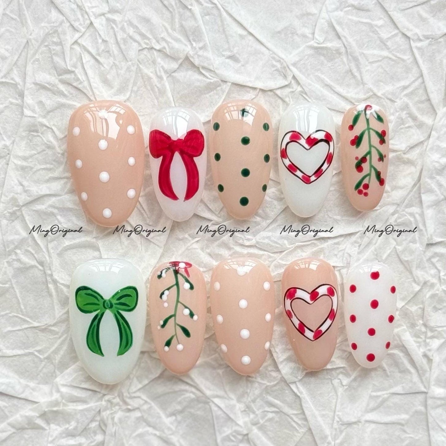 Christmas Bow Press on Nail, cherry tree and polka dots nails, milky white, green and red coquette, Holiday Fake Nails, Gifts for Her, MO714