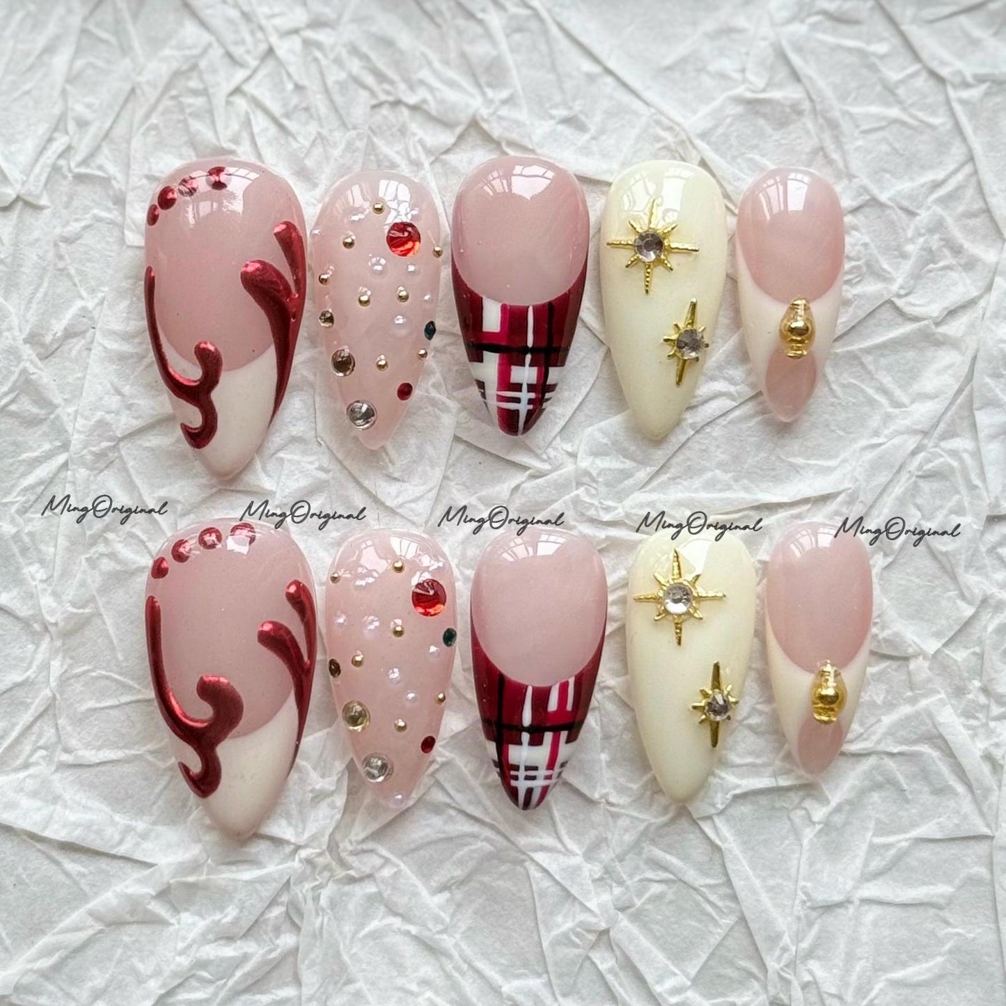 Christmas Plaid Press on Nail, rhinestone and gold star charms nails, French tip design, Holiday Fake Nails, Gifts for Her, MO715