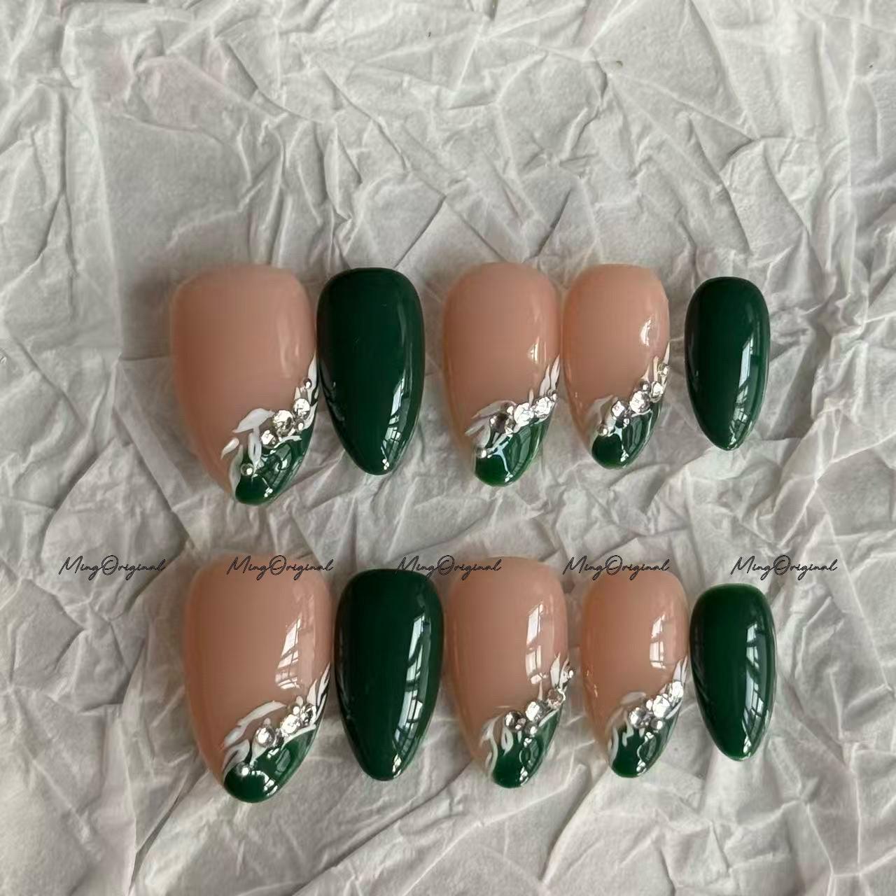 Natural Christmas Emerald Floral Press on Nail, Green Abstract Design, Handpainted Flower Nail, Holiday Fake Nails, Nude Nail, MO695