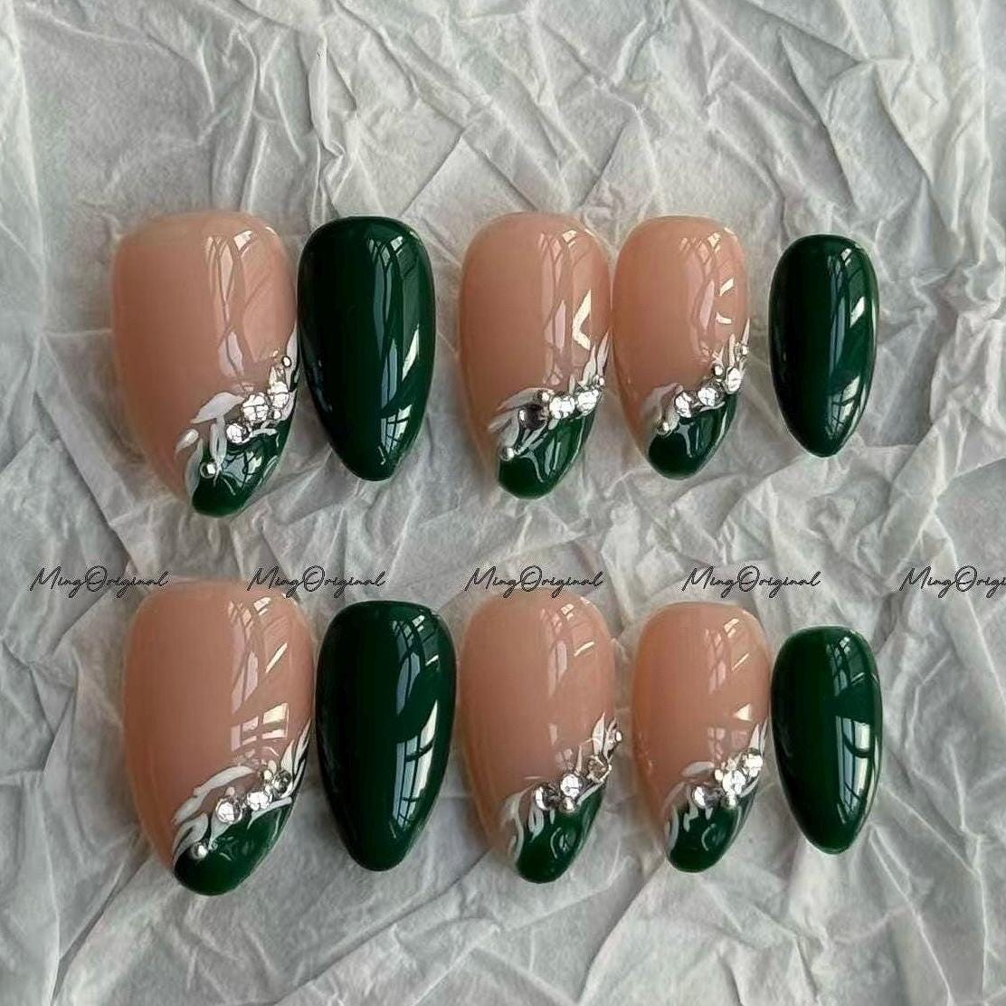 Natural Christmas Emerald Floral Press on Nail, Green Abstract Design, Handpainted Flower Nail, Holiday Fake Nails, Nude Nail, MO695