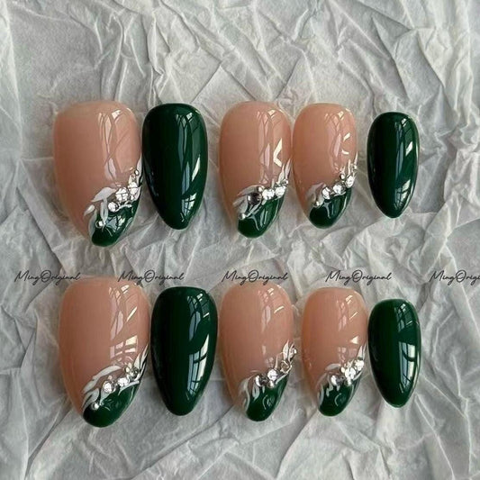 Natural Christmas Emerald Floral Press on Nail, Green Abstract Design, Handpainted Flower Nail, Holiday Fake Nails, Nude Nail, MO695