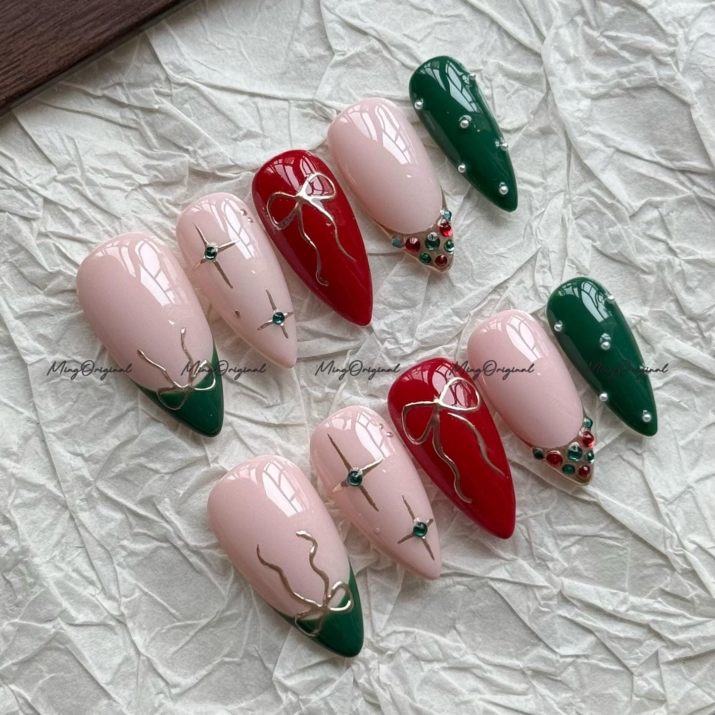 Christmas press-on nails, red green holiday nail art, gold bow gift design, french tip with rhinestone handmade festive manicure, MO717