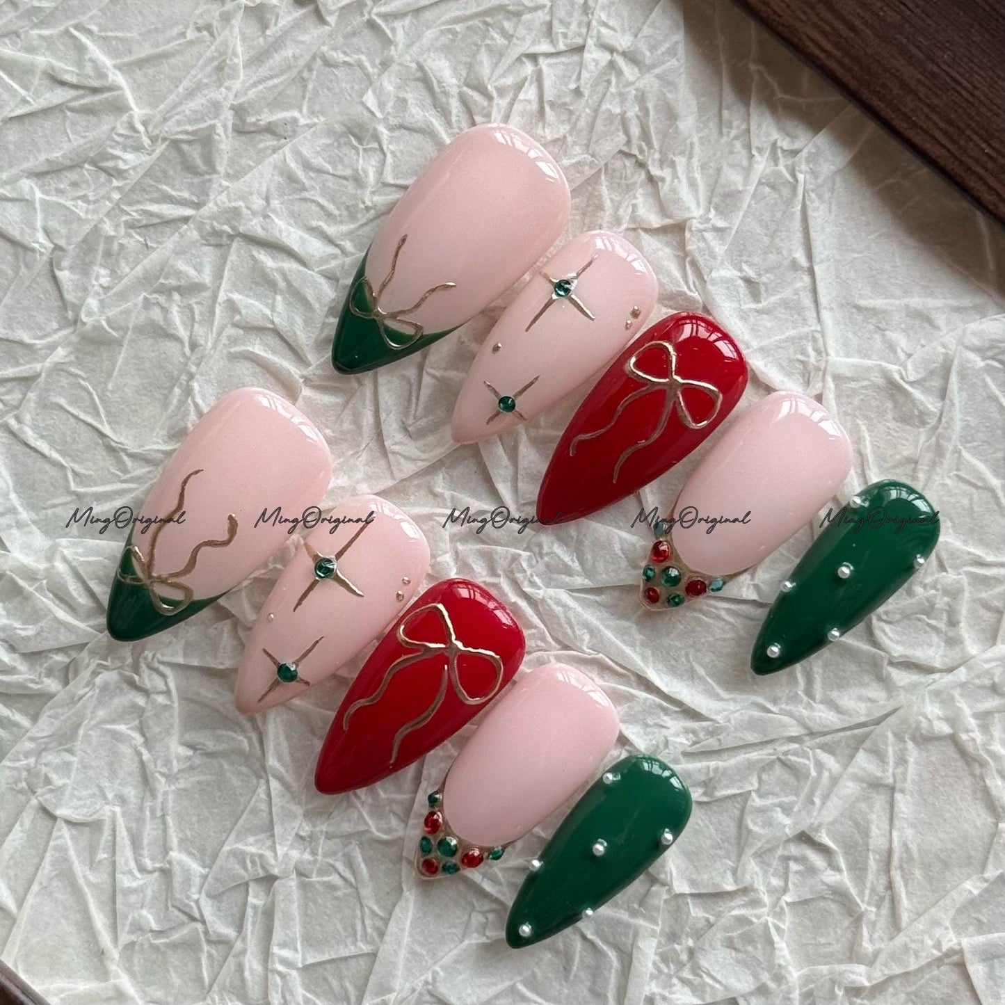 Christmas press-on nails, red green holiday nail art, gold bow gift design, french tip with rhinestone handmade festive manicure, MO717