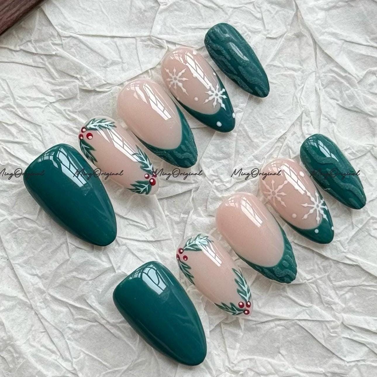 Christmas green sweater press on Nail, cherry tree and snowflake French tip nails, holly nail, Holiday Fake Nails, Gifts for Her, MO712