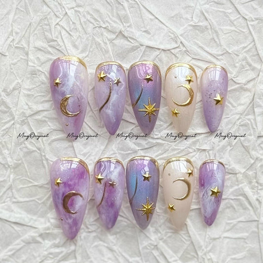 Celestial press-on nails, purple moon and star nail art, gold accents handmade cosmic manicure, gift for her,MO719