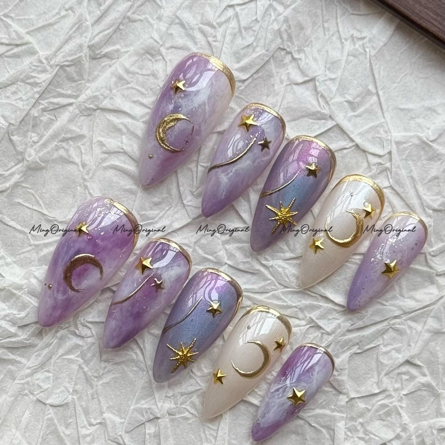 Celestial press-on nails, purple moon and star nail art, gold accents handmade cosmic manicure, gift for her,MO719